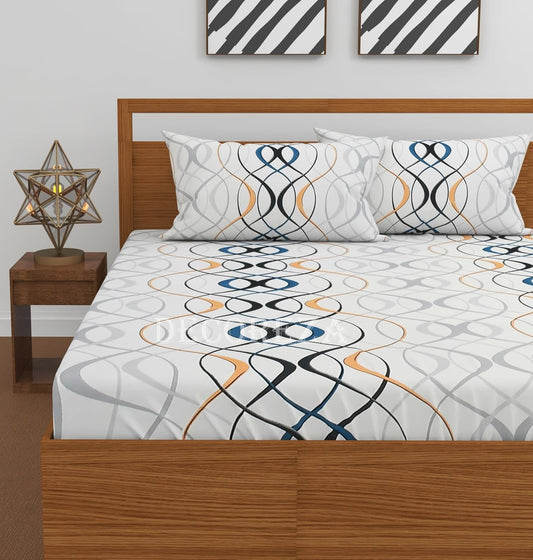 240 TC Cotton Feel Glace Cotton Elastic Fitted Printed King Size Double Bed Bedsheet with 2 Pillow Covers and Fits Upto 8 inches Mattress, Size- 72"x78" (White Wave)