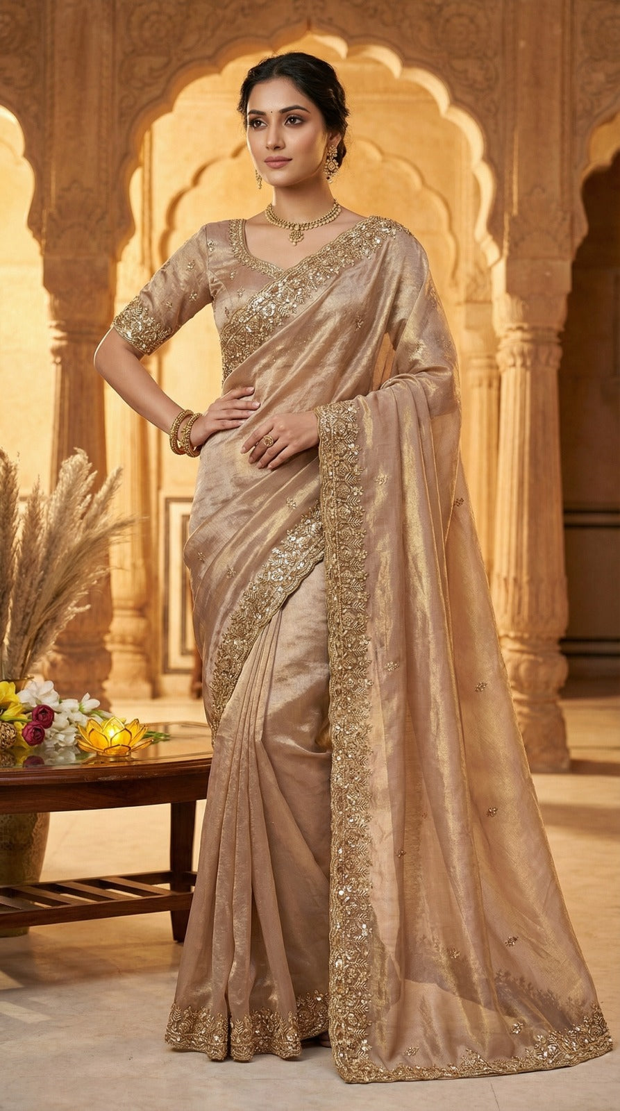 Maher Designer Saree Pure Space Silk with Gold Beads Work & Cutwork Border