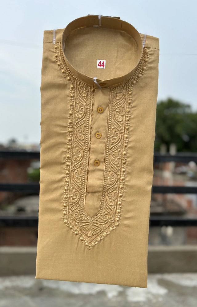 Cotton Embroidered Kurta for Men (Gold)