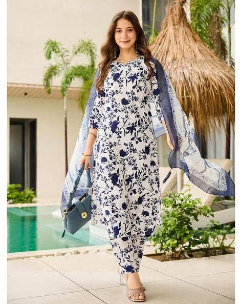 Women Floral Print Straight Kurta Set@P