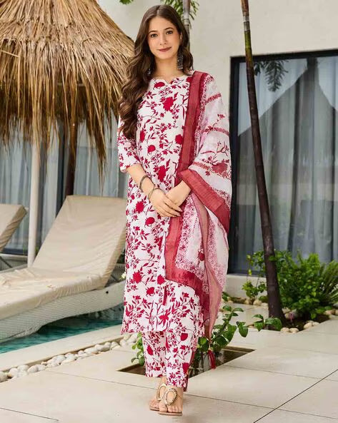 Women Floral Print Straight Kurta Set@P