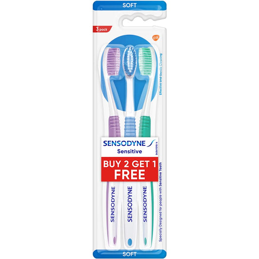 Sensodyne Sensitive Toothbrush (3-Pack, Buy 2 Get 1 Free) - Soft Bristles, Dentist Recommended, Multicolor.