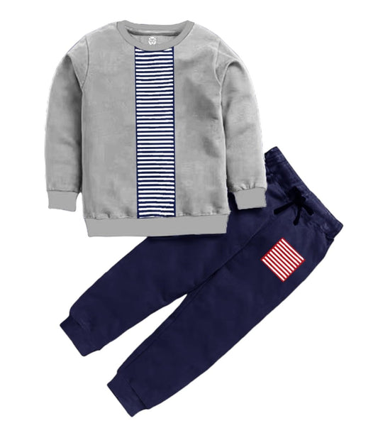 Designer Boys' Long Sleeve Tee & Pant Set: 100% Cotton, Round Neck, Contrast Cuffs & Striped Panel.