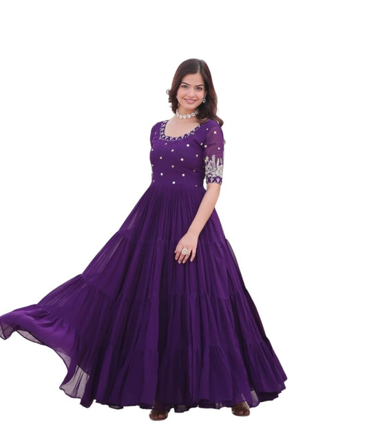 Women's Georgette Floral Printed Embroidered Flared Gown. (in, Alpha, 2XL, Regular, HF_Purple)