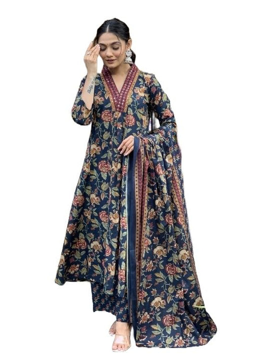 Nermosa Women Printed A-Line Kurta and Pant Set with Dupatta (in, Alpha, S, Blue)