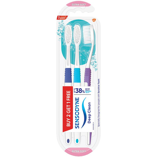 Sensodyne Deep Clean Toothbrush (3-Pack, Extra Soft Bristles), Dentist Recommended Brand, Multicolor.