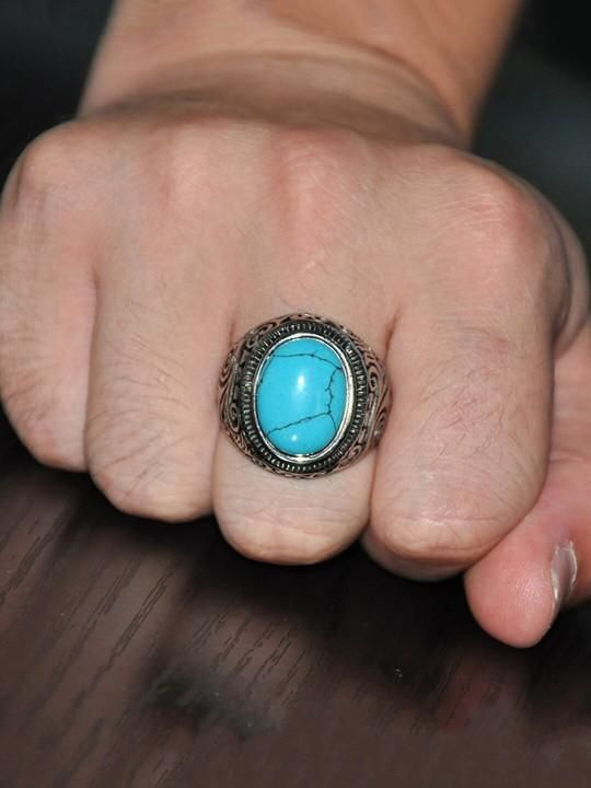 Men Silver-Plated Blue Stone Ring