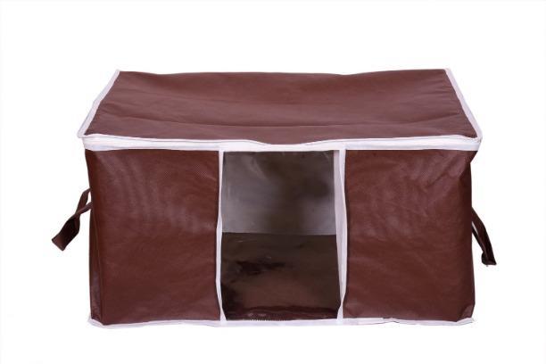 Set of three brown fabric storage bags with zippers and clear windows showing folded colorful clothes inside