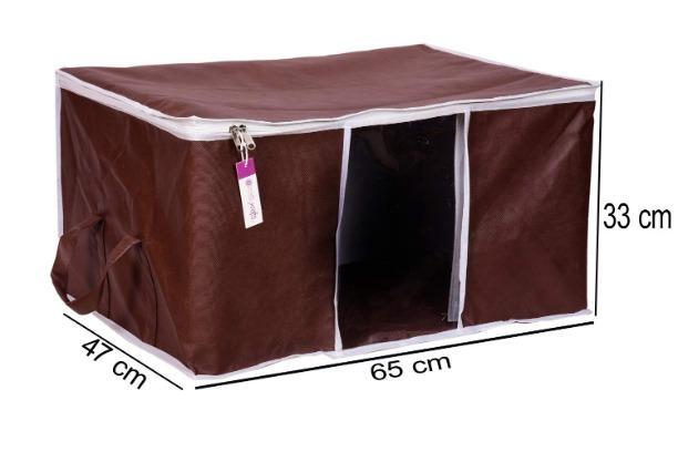Set of three brown fabric storage bags with zippers and clear windows showing folded colorful clothes inside