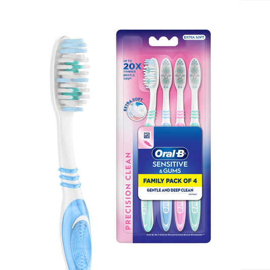 Oral-B Precision Clean Sensitive Manual Toothbrush (Family Pack of 4) - Ultra Soft Bristles for Sensitive Teeth and Gums, Multicolor, Dentist Recommended Brand.