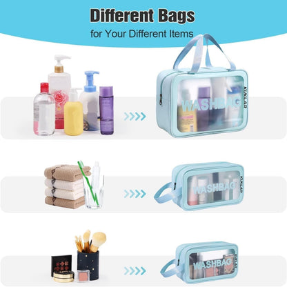 3-Piece Translucent Travel Toiletry Bags with Handles