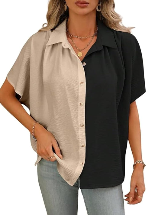 GRECIILOOKS Women's Korean-Style Oversized Blouse: Plus Size Workwear Top with Short Sleeves & Buttons