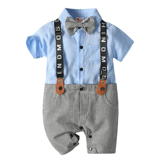 Boys' Cotton/Spandex Romper with Applique Bow (Blue) | Hopscotch