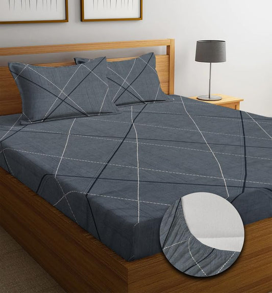 NEW LEAF Premium Cotton 220 TC Striped Elastic Fitted Bedsheets with 2 Pillow Covers,Double/King Bed with All Around Elastic Wrinklefree Supersoft Breathable,Size-78 x72+10 inches,White Green Yellow