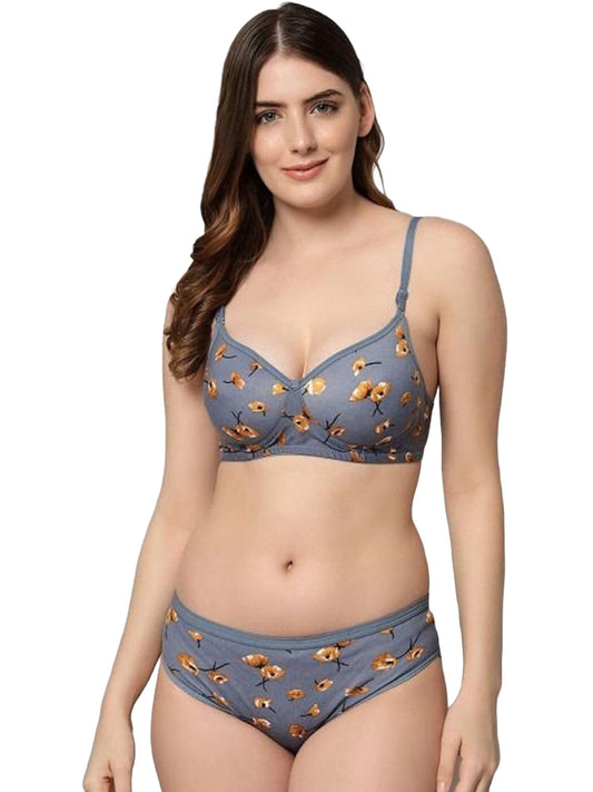 Women's Premium Cotton Bra & Hipster Panty Set, Sizes 30-40, Grey/Olive/Pink, Floral Print, Hook Closure.