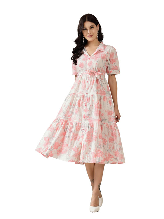 Stylum Women's Pestal Pink Floral Printed Cotton Flared Dress