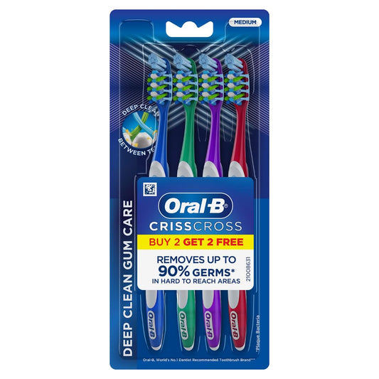 Oral-B Crisscross Gum Care Medium Bristle Toothbrush (Buy 2 Get 2 Free) - Dentist Recommended, Multicolor Set for Adults.