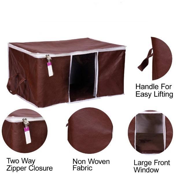 Set of three brown fabric storage bags with zippers and clear windows showing folded colorful clothes inside