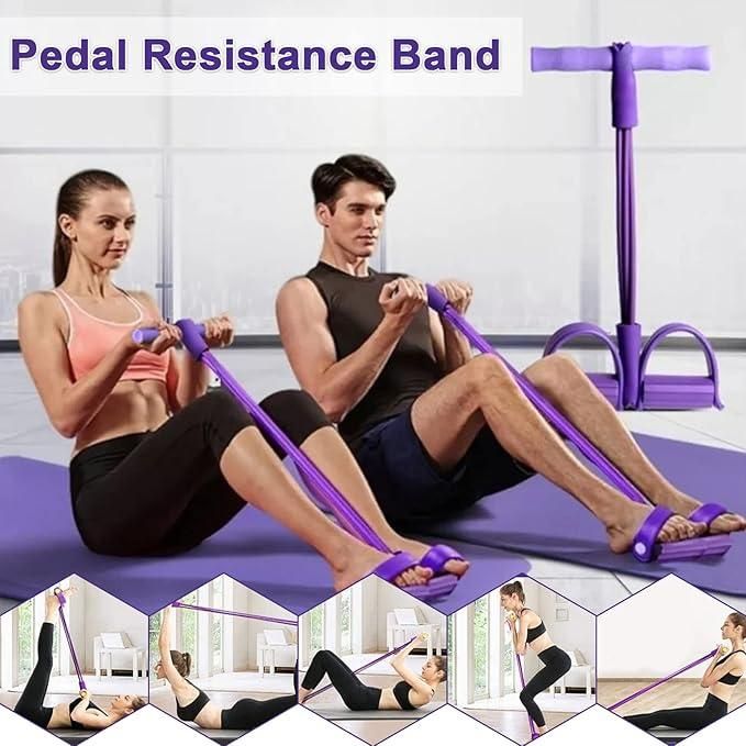 Woman using purple resistance band seated with foot strapped, exercising waist, shoulder, arm, and leg muscles