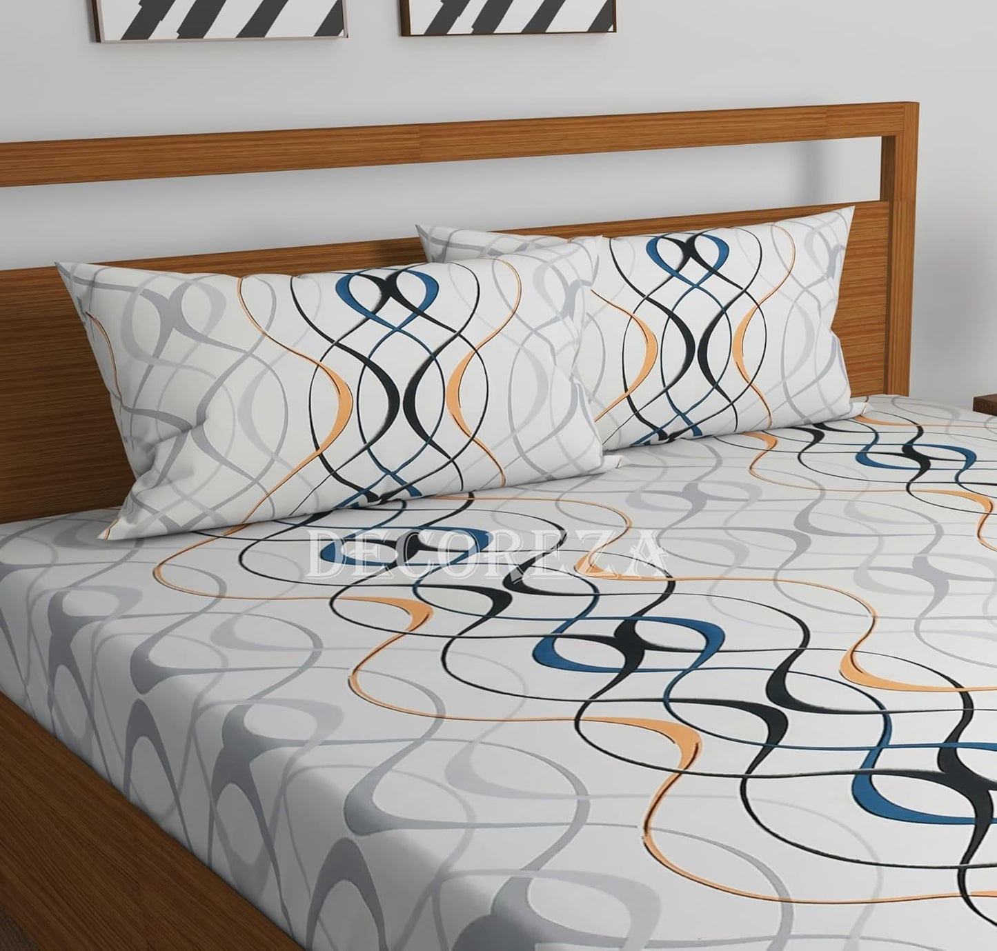 240 TC Cotton Feel Glace Cotton Elastic Fitted Printed King Size Double Bed Bedsheet with 2 Pillow Covers and Fits Upto 8 inches Mattress, Size- 72"x78" (White Wave)