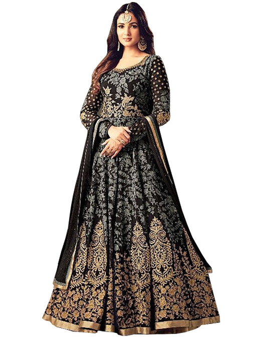 VIPEK Women's Self Design Satin Embroidered Work Long Anarkali Gown for Women with Dupatta Traditional Indian Ethnic Set Semi-Stitched (Maisha-Grey)
