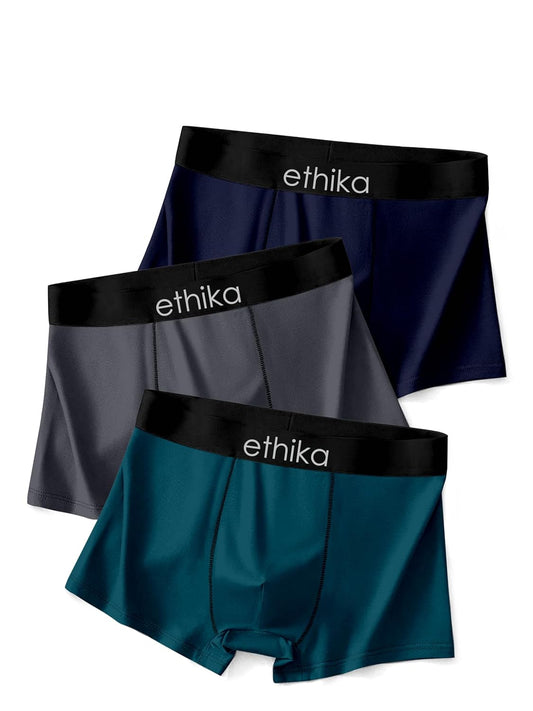 Ethika Men's Extra Thin Elastic Underwear Long Comfortable Ice Silk Breathable Comfort Brief-Boxer-Trunks Imported Material Pack of 3