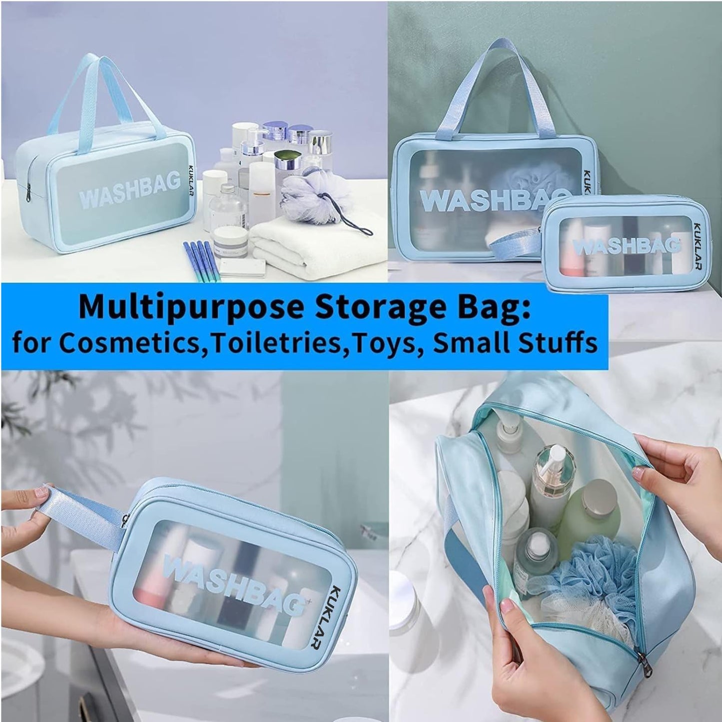 3-Piece Translucent Travel Toiletry Bags with Handles
