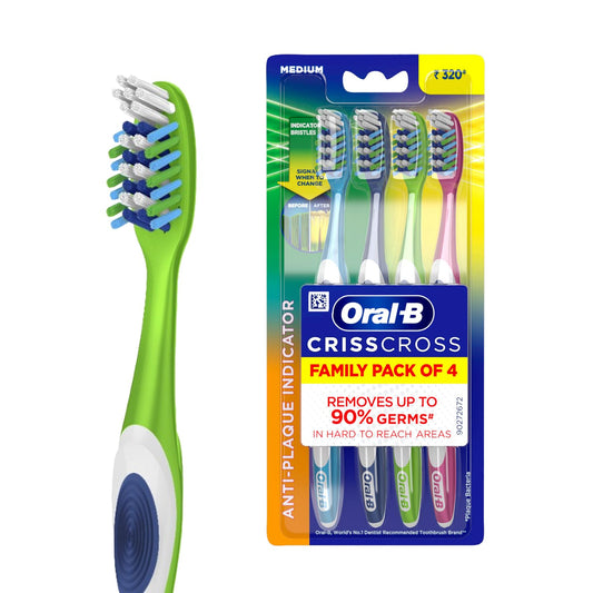 Oral-B CrissCross Medium Bristle Toothbrush (4-Pack), Includes Tongue Cleaner, Dentist Recommended.
