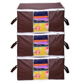 Set of three brown fabric storage bags with zippers and clear windows showing folded colorful clothes inside
