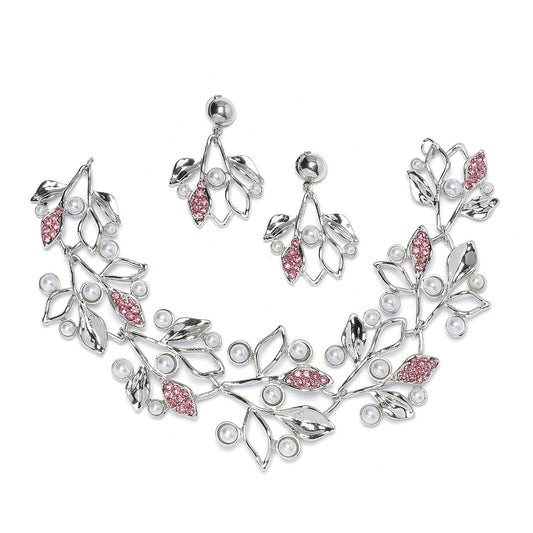 ZENEME Oxidised Silver-Plated Cubic Zirconia & White Pearls Studded Leaf Shaped Necklace With Earrings Jewellery Set For Girls and Women