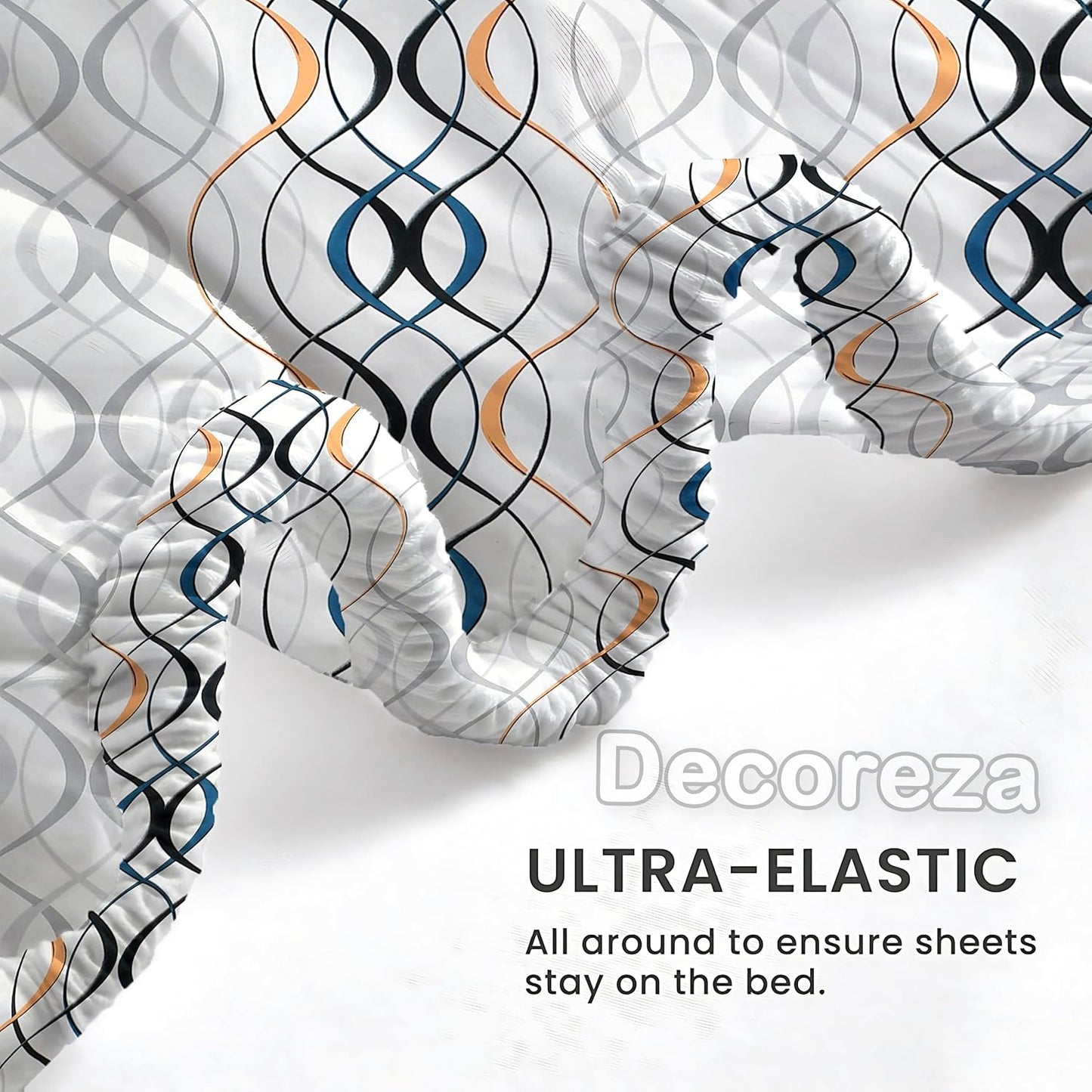 240 TC Cotton Feel Glace Cotton Elastic Fitted Printed King Size Double Bed Bedsheet with 2 Pillow Covers and Fits Upto 8 inches Mattress, Size- 72"x78" (White Wave)