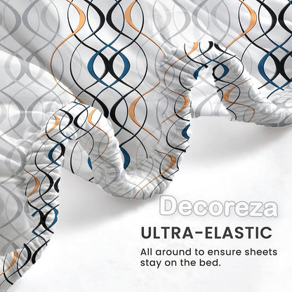 240 TC Cotton Feel Glace Cotton Elastic Fitted Printed King Size Double Bed Bedsheet with 2 Pillow Covers and Fits Upto 8 inches Mattress, Size- 72"x78" (White Wave)