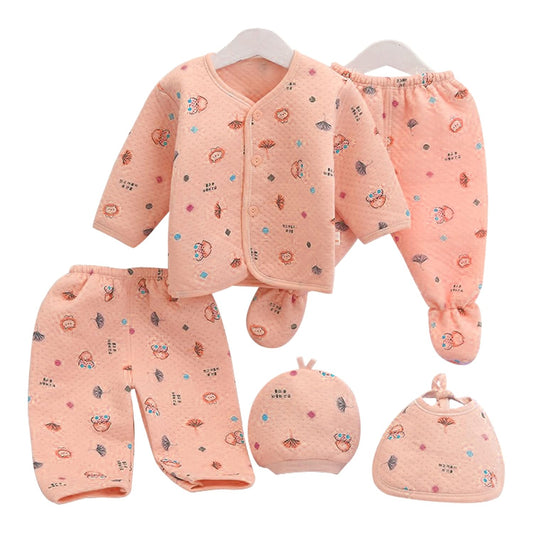Newborn Baby's Winter Fleece Suit Set (Orange, 0-3 Months) - 5 Pcs, Cartoon Print, Unisex.