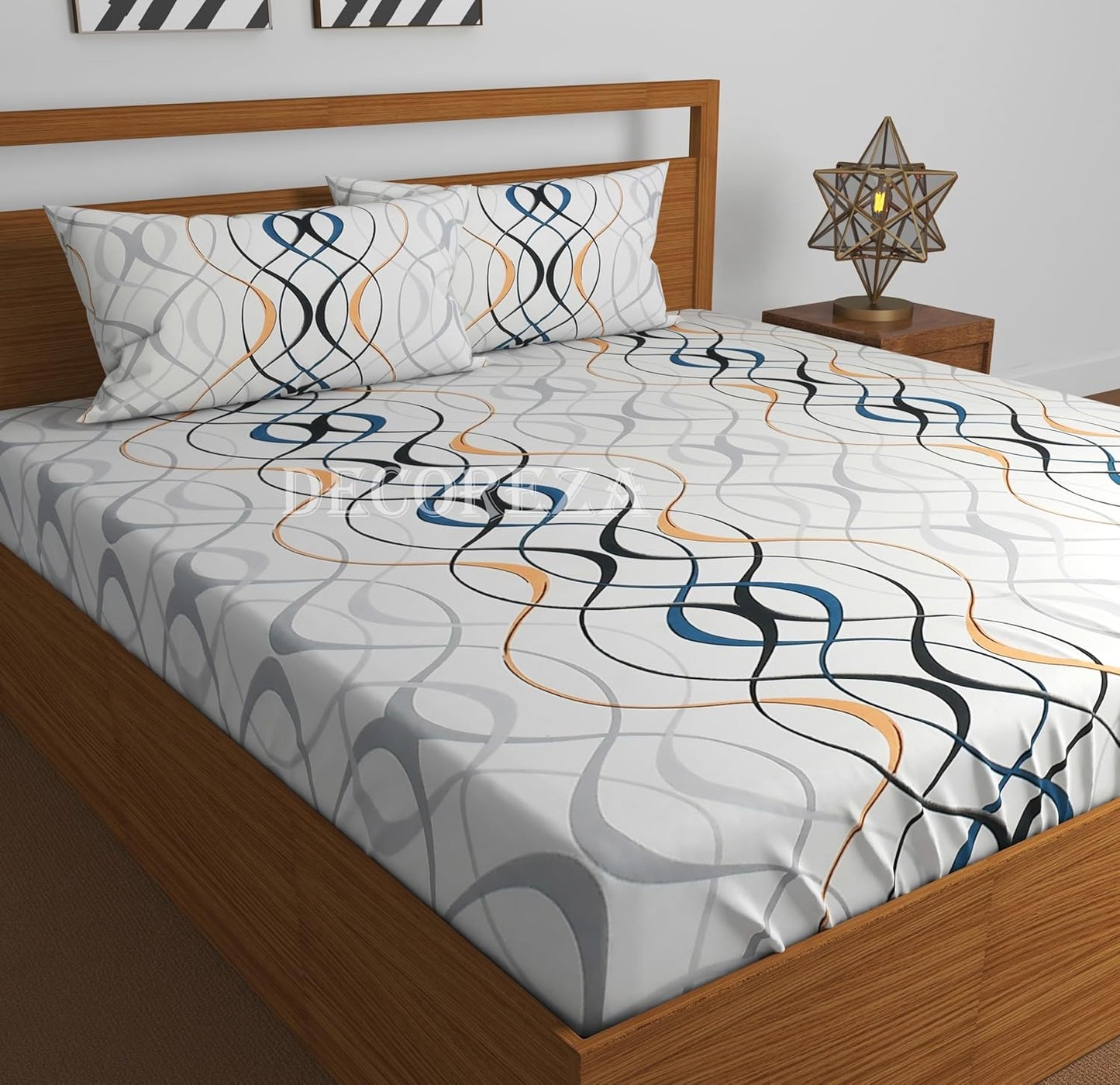 240 TC Cotton Feel Glace Cotton Elastic Fitted Printed King Size Double Bed Bedsheet with 2 Pillow Covers and Fits Upto 8 inches Mattress, Size- 72"x78" (White Wave)