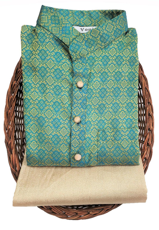 Regular Fit Silk Cotton Men's Kurta & Gold Pant Set | Full Sleeves