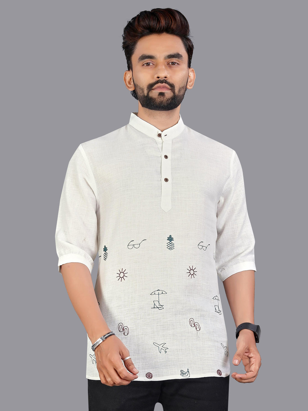 Men Cotton Embroidered Thread Work Kurta@F