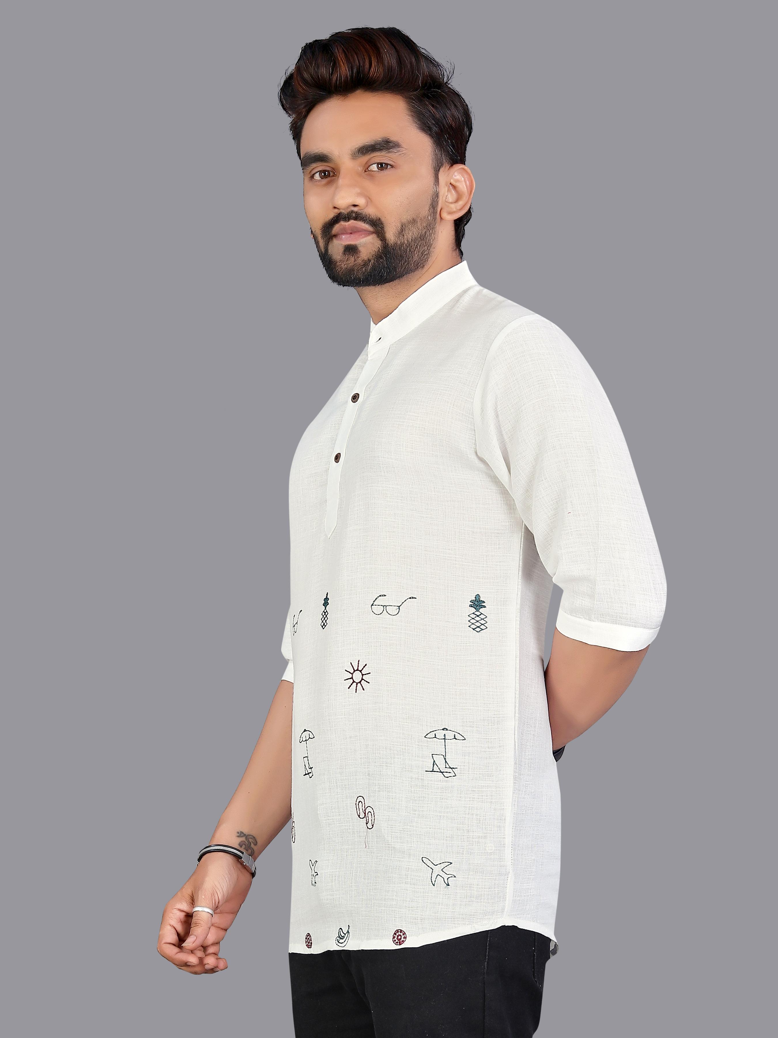 Men Cotton Embroidered Thread Work Kurta@F