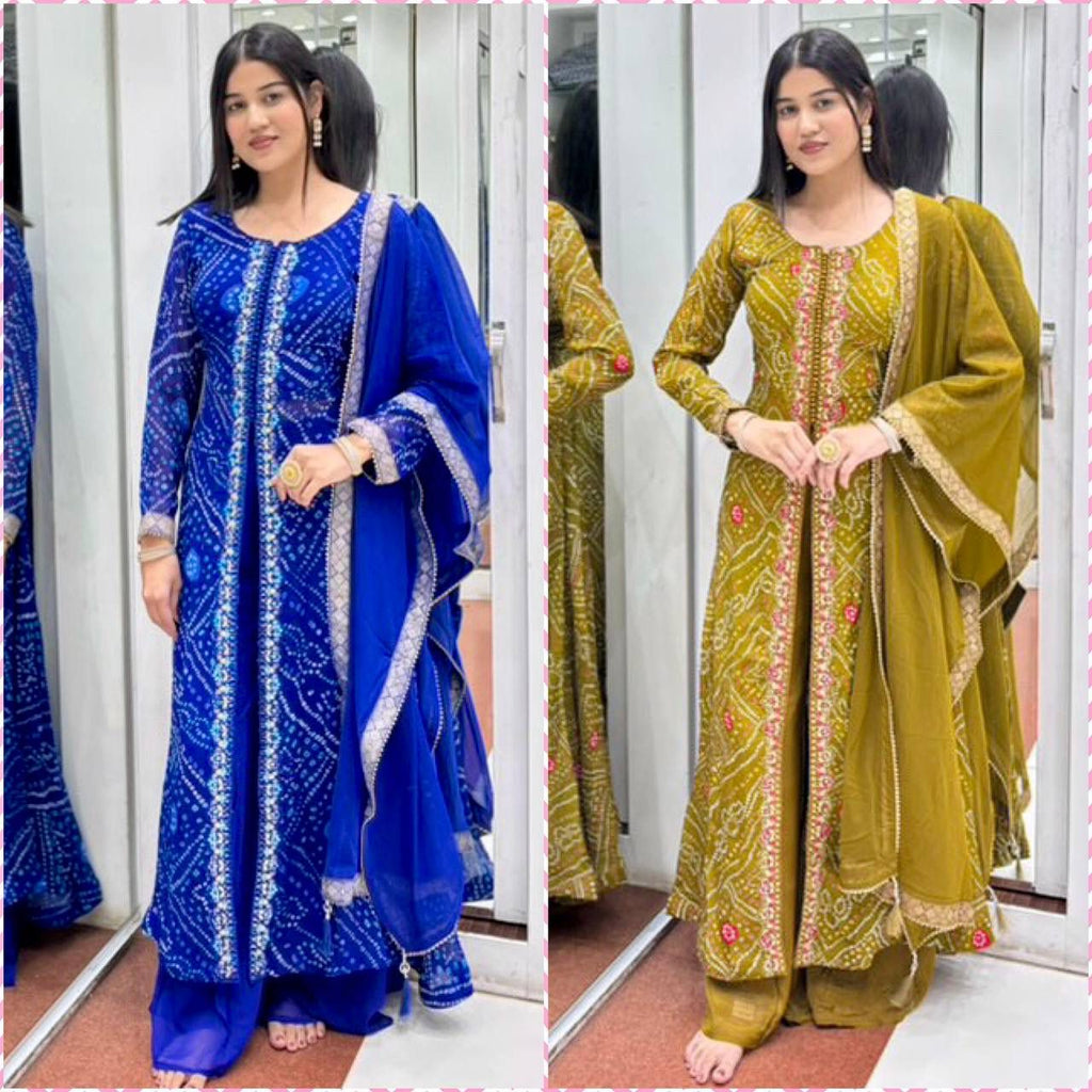 NEW DESIGNER HEAVY FUAX GEORGETTE FANCY CUT TOP WITH PLAZZO SUIT SET@f