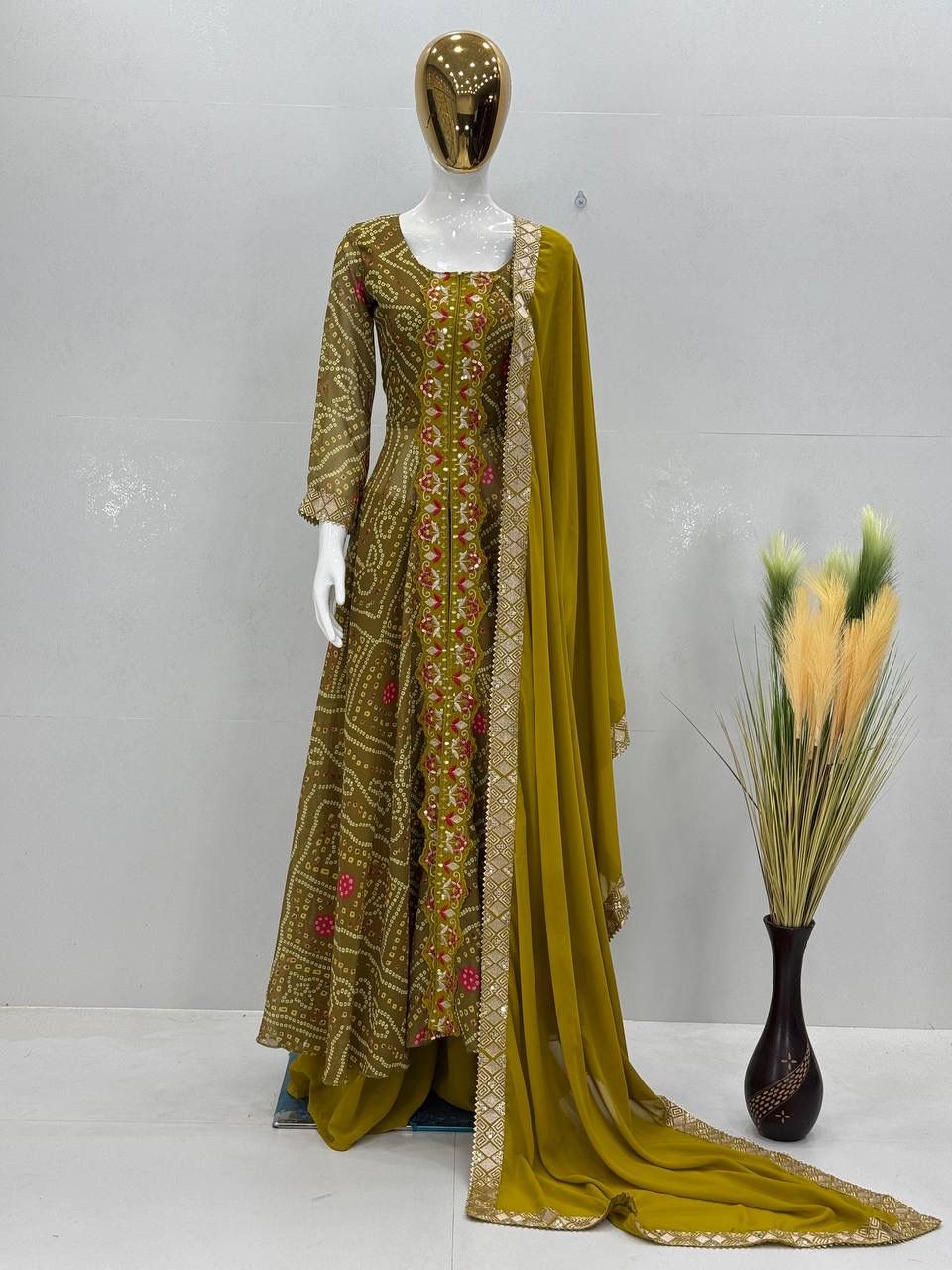 NEW DESIGNER HEAVY FUAX GEORGETTE FANCY CUT TOP WITH PLAZZO SUIT SET@f