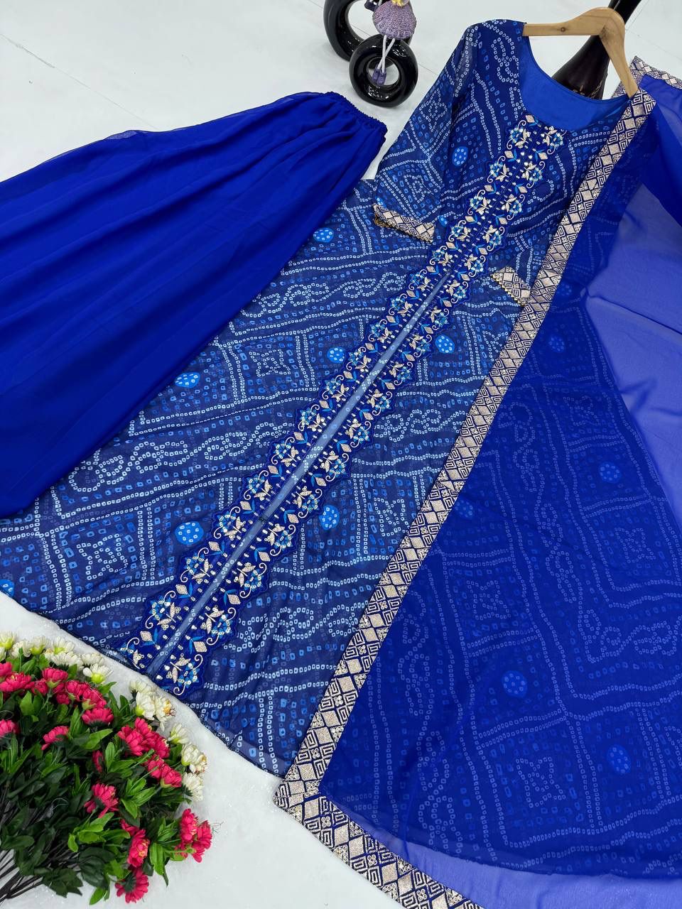 NEW DESIGNER HEAVY FUAX GEORGETTE FANCY CUT TOP WITH PLAZZO SUIT SET@f