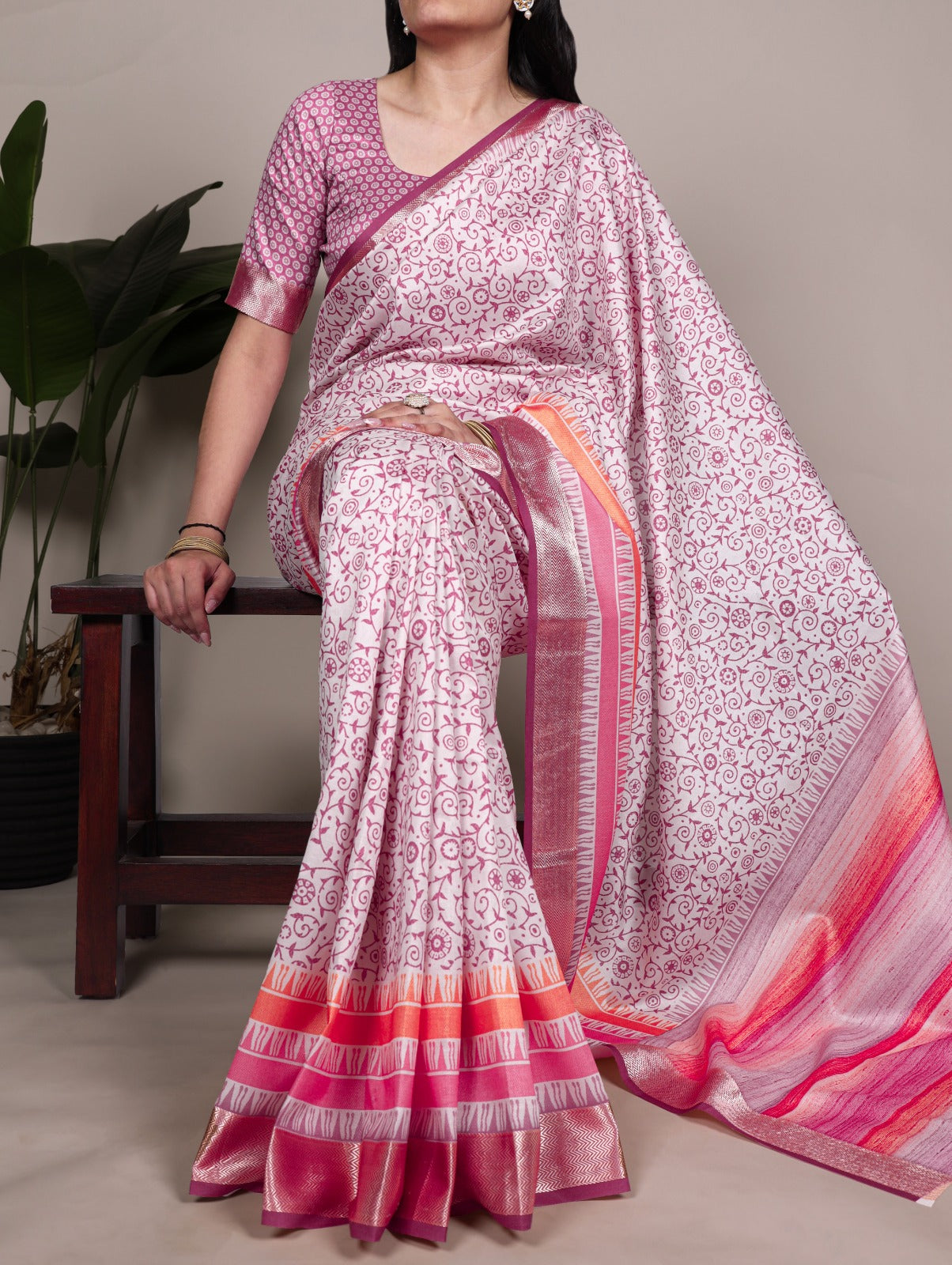 Tasar Silk With Printed Viscose Border Saree