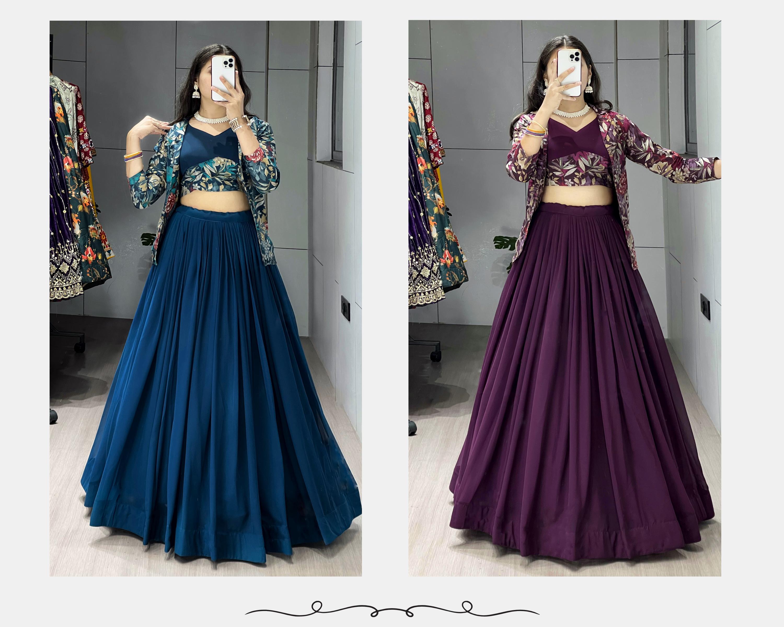 Teal Blue Georgette Foil Print Lehenga Choli with Chanderi Koti@F