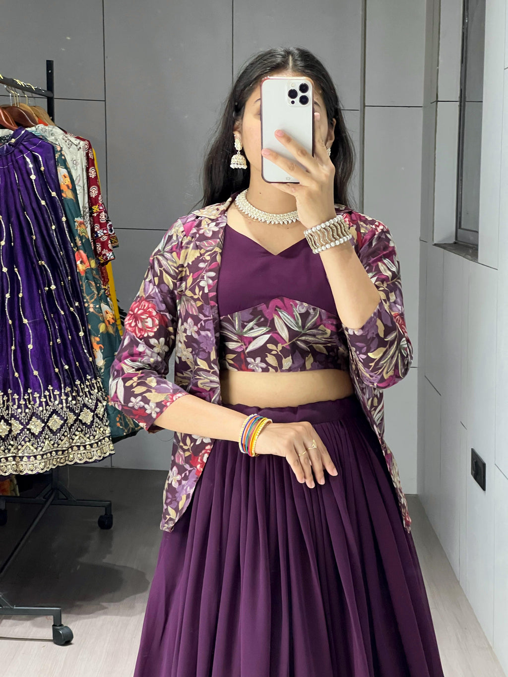 Teal Blue Georgette Foil Print Lehenga Choli with Chanderi Koti@F