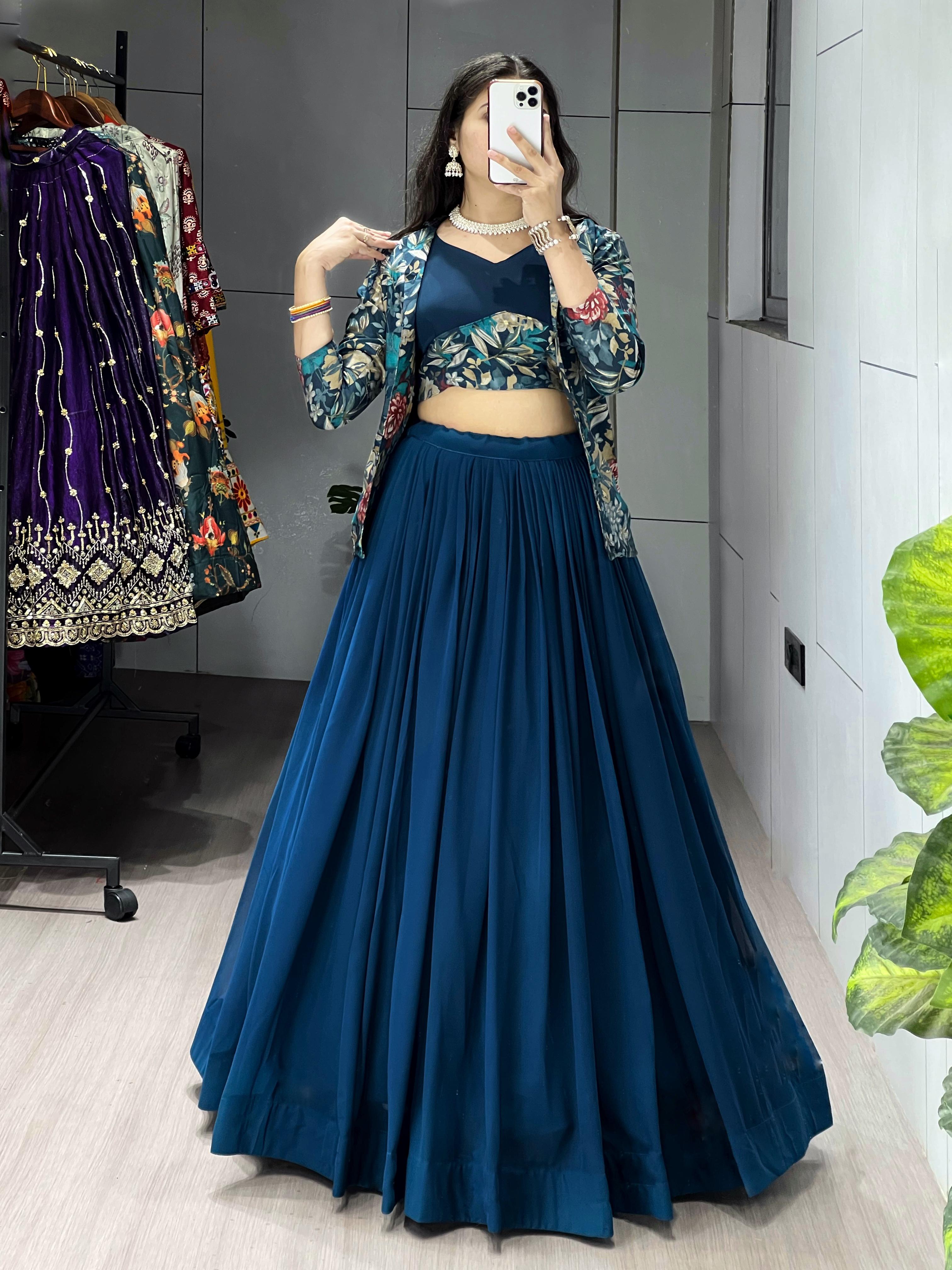 Teal Blue Georgette Foil Print Lehenga Choli with Chanderi Koti@F