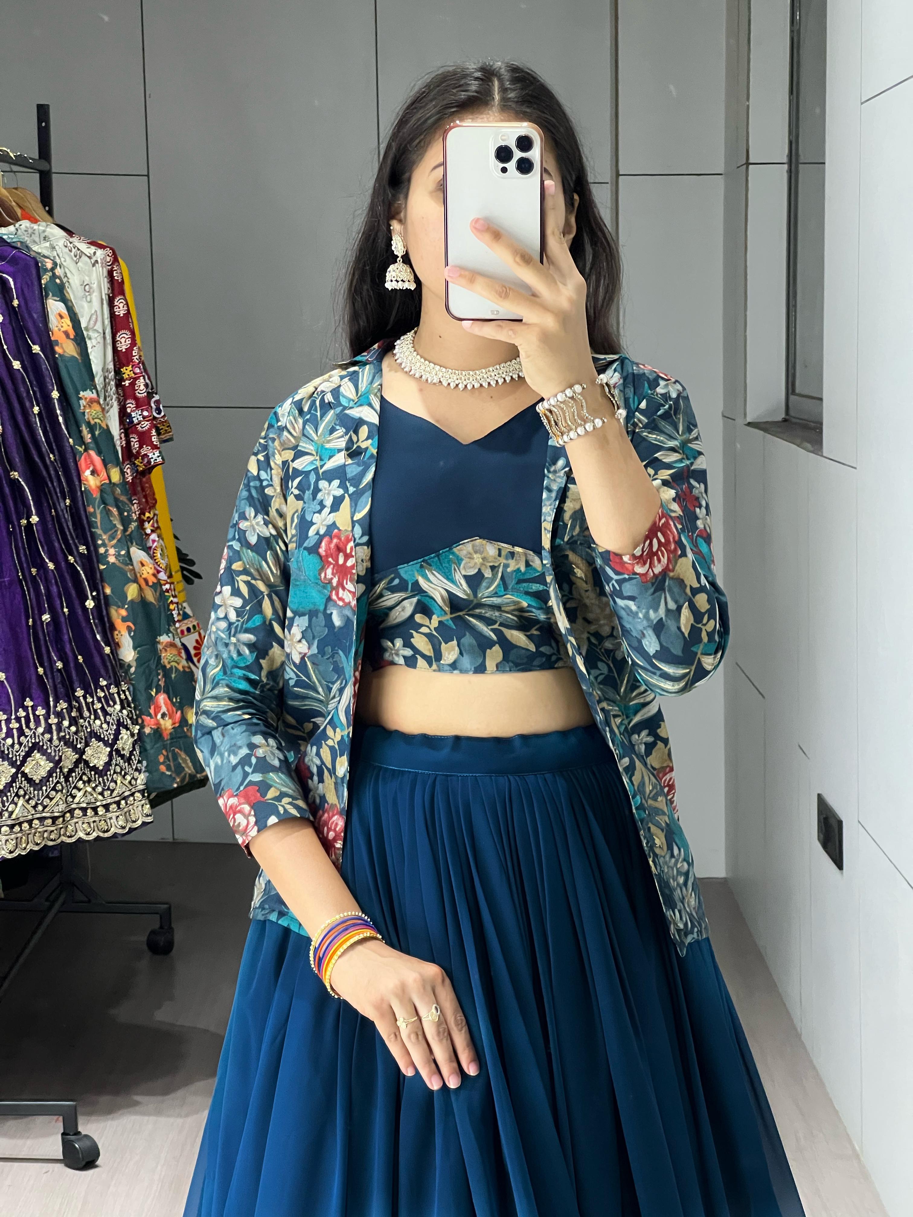 Teal Blue Georgette Foil Print Lehenga Choli with Chanderi Koti@F