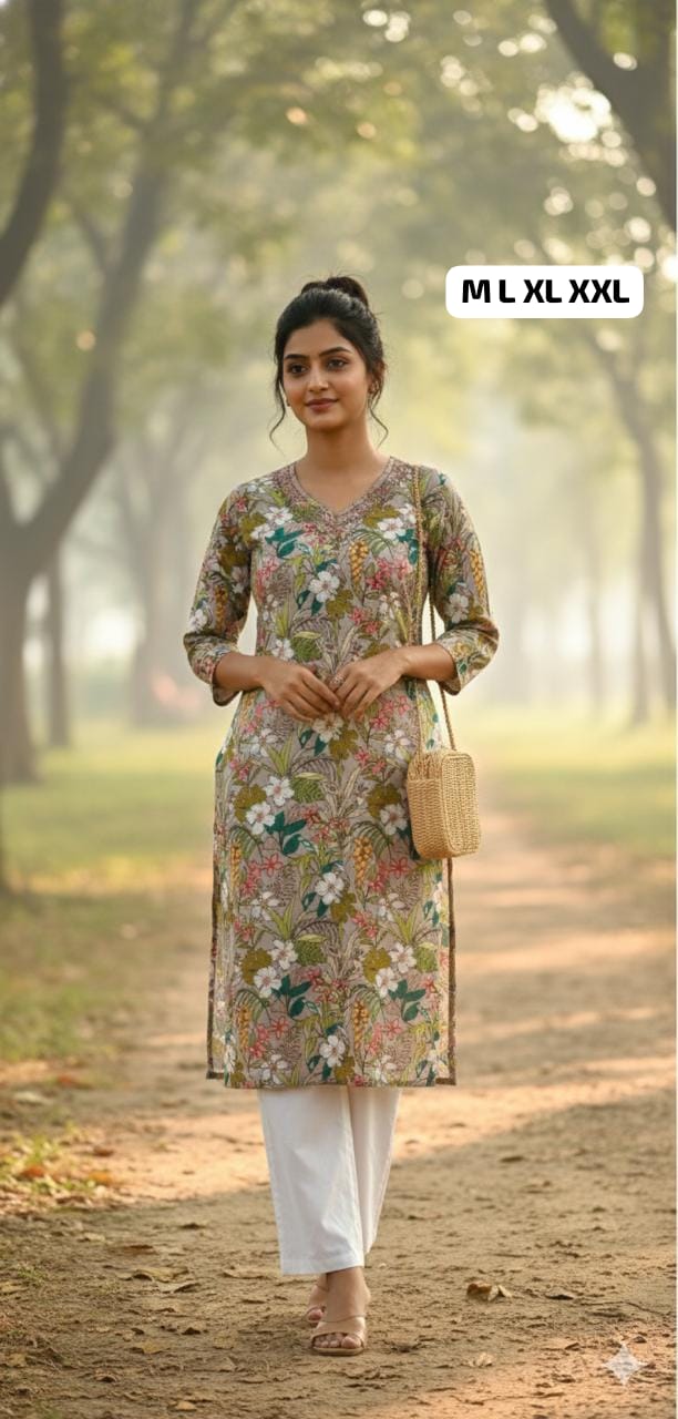 Woman in floral printed kurti with white pants and woven shoulder bag walking on park path, sizes M to XXL