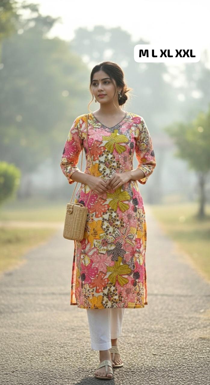 Woman wearing colorful floral kurti with white pants and straw handbag walking outdoors