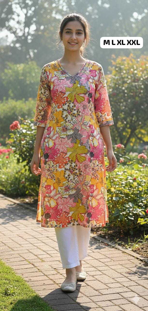 Young woman in a garden wearing a colorful floral kurti with white pants, sizes M to XXL available