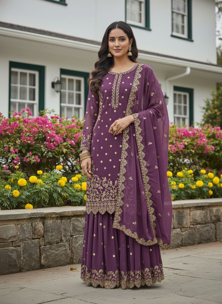 Embroidered Semi Stitched Sequence Worked Top-Plazzo And Dupatta Set For Wedding Functions @F