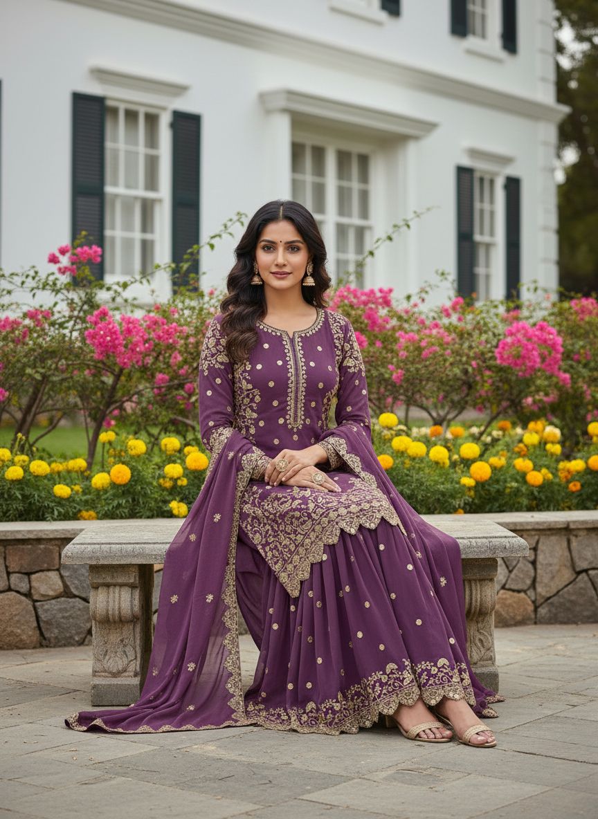 Embroidered Semi Stitched Sequence Worked Top-Plazzo And Dupatta Set For Wedding Functions @F